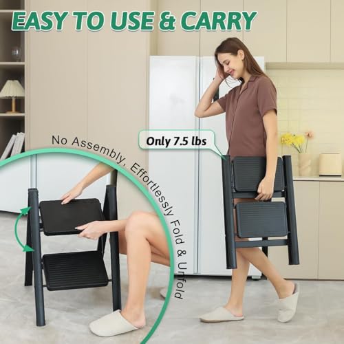 MOMENT 2 Step Ladder Folding Step Stool, Heavy Duty 330 Lbs Load Stepladder, Small Kitchen/Closet Ladder for Adults/Kids, Lightweight Step Ladder with Anti-Slip Wide Pedal for Home, Black