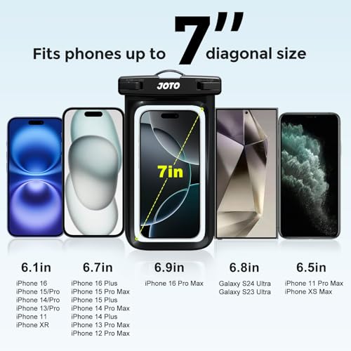 JOTO Universal Waterproof Phone Pouch Cellphone Dry Bag Case for iPhone 16 15 14 13 12 11 Pro Max Mini Plus Xs XR X 8 7 6S, Galaxy S23 S22 S21 Plus Note, Pixel up to 7" -Black