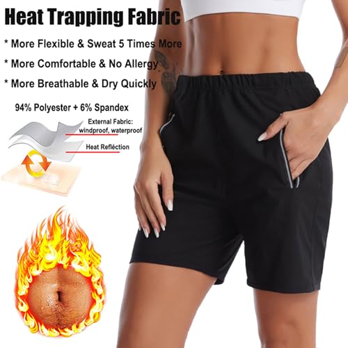 Women's Sauna Sweat Shorts, High Waist Tummy Control Leggings with Pocket, Workout Slimming Pants for Fitness, Running, Yoga