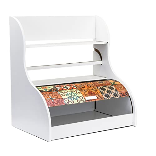 ANKA White Wooden Bread Box with Towel Holder | Bread Box Container with Roll-Top Lid | Wooden Kitchen Storage box