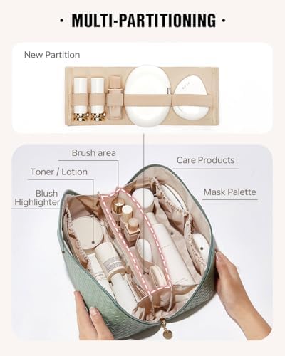 EACHY Travel Makeup Bag,Large Capacity Cosmetic Bags for Women,Waterproof Portable Pouch Open Flat Toiletry Bag Make up Organizer with Divider and Handle