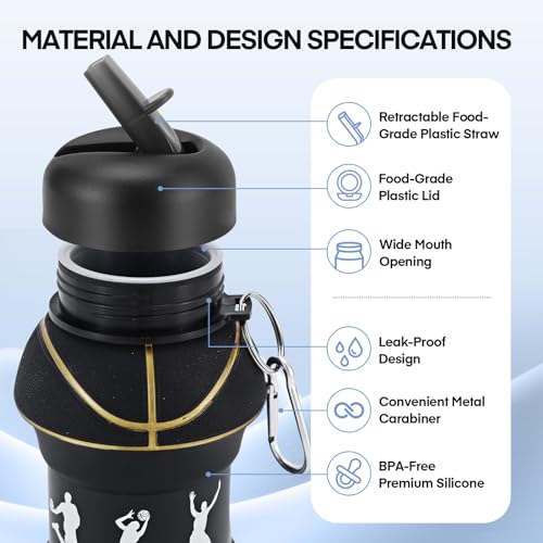 Kids Sports Collapsible Water Bottle for outdoor activities School, Sports, BPA-Free, Leakproof - 550ml/18.6oz, Basketball Black