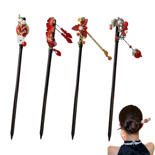 EWEIS 4PCS Set of Vintage Hairpins, Chinese Handmade Wooden Hairpins Japanese Red Hairpins Classic Geisha Hair Accessories with Tassels, for Costume Weddings for Women Girls??ength 18cm/7inch