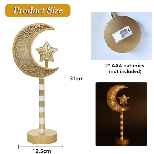 Goodern Ramadan Decorations Lights,Eid Mubarak Table Moon Lamp,Ramadan Kareem Crafts Night Light for Kids,Islamic Muslim Ornament Gifts,Gold Decorative Ramadan Lights with Moon Shape for Party Decor