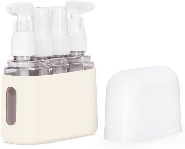 Travel Bottles Set, 4-in-1 Leak-Proof Refillable 50 ml Portable Containers With Label for Toiletries, Shampoo, Conditioner, Cosmetics, Shower Gel (Pink) - Beige