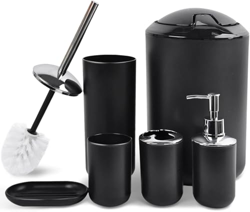CERBIOR Bathroom Accessories Set 6 Piece Bath Ensemble Includes Soap Dispenser, Toothbrush Holder, Toothbrush Cup, Soap Dish for Decorative Countertop and Housewarming Gift, Black, Large