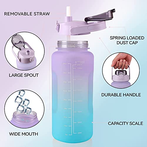 2L Water Bottle with Straw 64 Oz Motivational Sports Water Bottle with Time Capacity Marker BPA Free Big Large Gym Cycling Water Bottle Cup Jug for Kids School Outdoor Fitness (Lavender Sapphire)