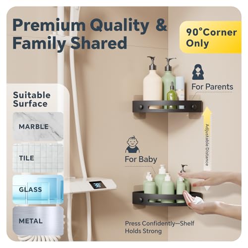 Baytion Bathroom Shelf, 2 Pack Bathroom Organizers and Storage, Thickened ABS Plastic Bathroom Organizer Corner with Super Adhesives, No Drilling, Multifunctional Corner Shower Caddy (Black)