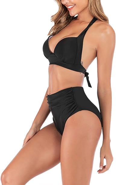 Women Two Piece Vintage Bikini Set Printed/Solid Swimsuit Tummy Control Bikini Bathing Suits High Waist Swimwear Set
