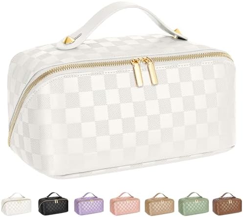 ALEXTINA Large Capacity Travel Cosmetic Bag - Portable Makeup Bags for Women Travel Toiletry Bag Waterproof Leather Checkered Makeup Organizer Bag, Roomy Cosmetic Bag for Women and Girls, Black,