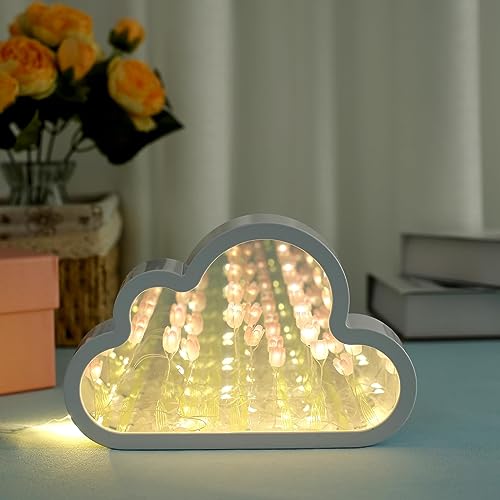 Cloud Tulip Lamp - Handmade DIY Mirror Night Light, Simulation Flower Sleeping Table Lamp, Creative LED Bedside Desktop Room Decor for Girls Gift