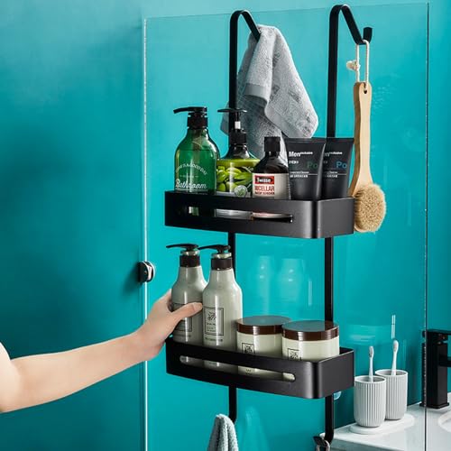 U-HOOME Shower Caddy Over The Door Hanging Shower Organizer Shelf Basket Storage Rack with Suction Cup,Bathroom Shelves Basket Rack Drill Free Pantry Organizer Rack (Black)