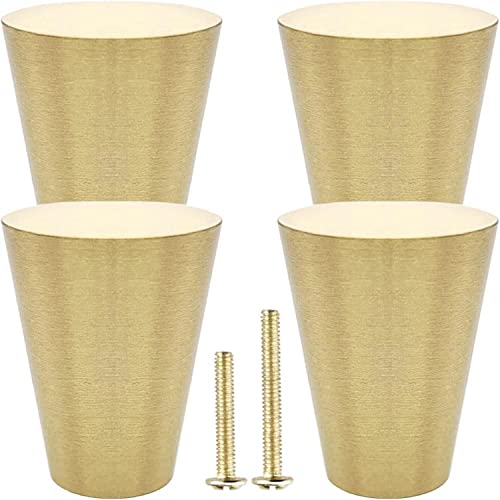 SYOSI 4Pcs Solid Brass Knobs, Brushed Gold Pure Copper Cone Decorative Mid-Century Modern Style Handles for Kitchen Cabinet Drawer Dresser, Modern Furniture Hardware with Screws