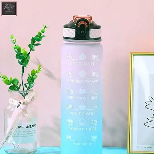 Sulfar Water Bottle 1L / 32oz with Motivational Time Marker Straw Strainer Plastic BPA Free Sport Water Bottles for kids Fitness Gym Office Outdoor Sports and Exercise| Leak Proof (Pink & Blue)