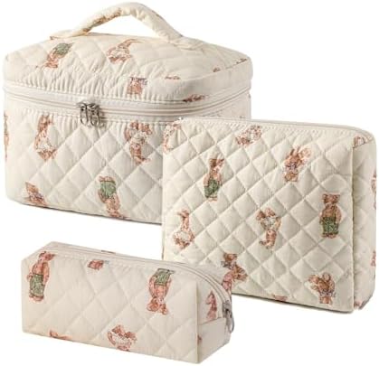 Makeup Bag, 3 Pieces Large Floral Quilted Makeup Bag Set for Women, Cotton Quilted Big Cosmetic Bag, Cute Makeup Bag Pouch Storage Bag, White Bear Pattern