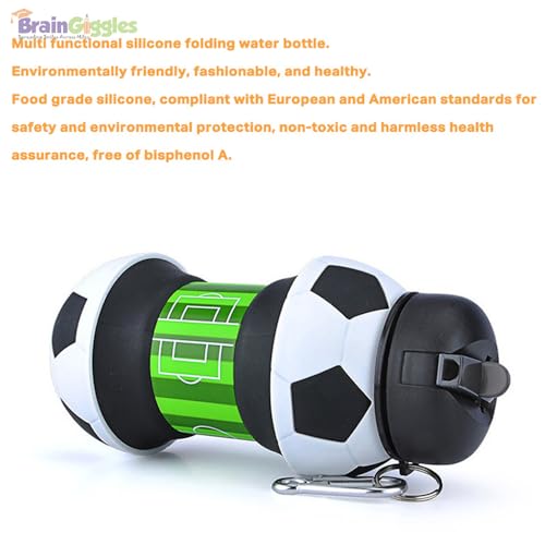 BrainGiggles Collapsible Water Bottle, Soccer Clip-On Silicone Foldable Tumbler for Kids, Portable Flexible Water Cup with Carabiner, BPA Free Leak Proof for Travel Camping Hiking Sport (500ML,White)