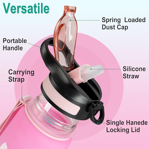 Water Bottle 1L / 32oz with Motivational Time Marker Straw Strainer SK Tritan Plastic BPA Free Sport Water Bottles for kids Fitness Gym Office Outdoor Sports and Exercise | Leak Proof (Pink & Blue)