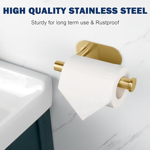 NearMoon Toilet Paper Holder Self Adhesive, Premium Thicken SUS304 Stainless Steel Rustproof Adhesive Toilet Roll Holder no Drilling for Bathroom, Kitchen, Washroom (1 Pack, Brushed Gold)