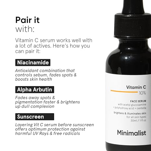 Minimalist 10% Vitamin C Face Serum for Skin Brightening | Highly Stable & Effective Face Serum with pure Ethyl Ascorbic Acid & Acetyl Glucosamine for Glowing Skin | 30ml