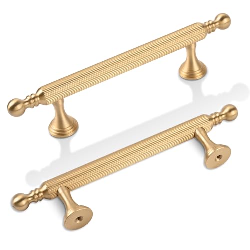 TERRIFI 2 Pack Solid Brass Kitchen Cabinet Handles, 3-3/4 Inch Gold Dresser Drawer Pulls, Modern Furniture Door Handles for Bathroom Cabinets, Wardrobe, and Closet Doors