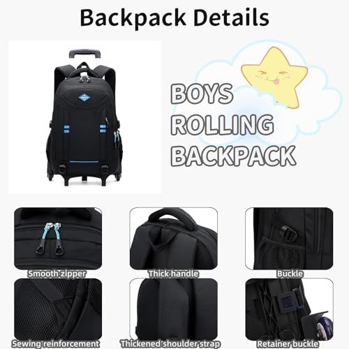 Sopnorm Rolling Backpack for Boys Elementary School Bag with Wheels Travel Trolley Bag 2 wheels and 6 wheels, Black/Blue 6 Wheels, 6 wheels