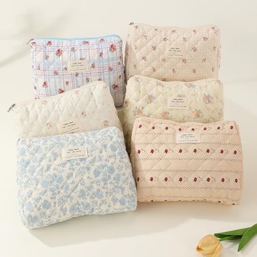 Lushandy 3 Pcs Quilted Floral Makeup Bag Set Cute Cosmetic Bag Coquette Aesthetic Makeup Bag Large Travel Makeup Organizer Toiletry Bag