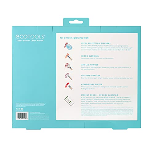 Ecotools Limited Edition Ready, Set, Glow Makeup Accessory & Cleansing Set - 6 Piece Blue Makeup Tool Gift for Wife, Daughter, or Girlfriend
