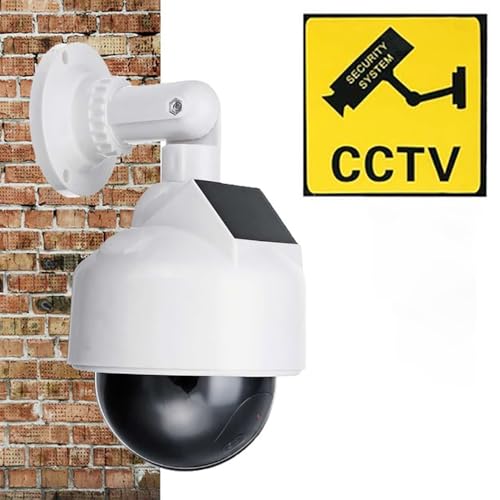 Rubik Dummy CCTV Security Camera Solar & Battery Powered with Flashing Red LED & Warning Sticker Sign, Fake Surveillance Indoor Outdoor Waterproof Dome Camera for Home Office