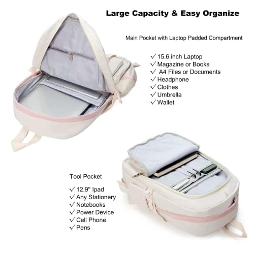 TOMVAES Laptop Backpacks School Bag, Off-white (15.6in) Large