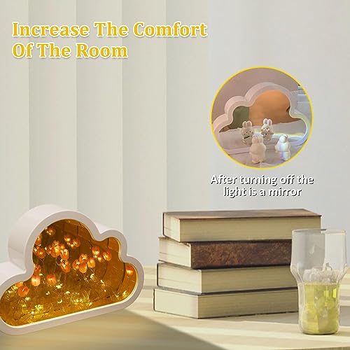 Cloud Tulip Lamp - Handmade DIY Mirror Night Light, Simulation Flower Sleeping Table Lamp, Creative LED Bedside Desktop Room Decor for Girls Gift
