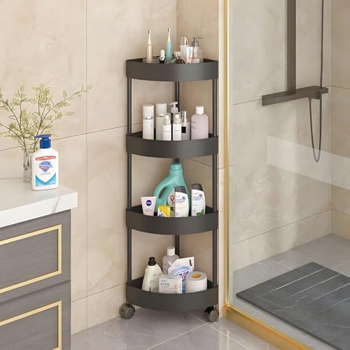 Aputue Shower Caddy Corner Shelves, 3-Tier Black Bathroom Shelving Unit Cart with Wheel, Plastic Shower Caddy Organizer Shelf, Rust Proof Corner Open Storage Cart for Bathroom, Kitchen