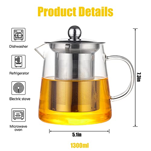 TAPIT Glass Tea Pot, Borosilicate Glass Tea Kettle for Loose Leaf Tea, Transparent Teapot with Stainless Steel Removable Infuser, Microwavable, Dishwasher and Stovetop Safe (1300ml-Round)