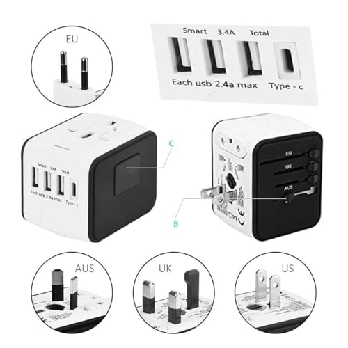 Disgian Travel Adapter, Universal International Power Adapter with 3USB Port And Type-C International Wall Charger Worldwide AC Power Plug for Multi-nation Travel UK, EU, AU Over 200 Countries (White)
