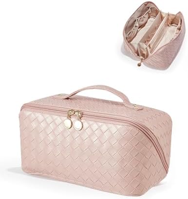 EACHY Travel Makeup Bag,Large Capacity Cosmetic Bags for Women,Waterproof Portable Pouch Open Flat Toiletry Bag Make up Organizer with Divider and Handle