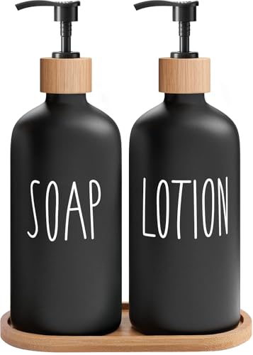 MOMEEMO Black Soap Dispenser Bathroom Set, Set with Glass Dispenser, Bamboo Pumps & Tray. Hand and Lotion Suitable for Farmhouse Decor. (Black)