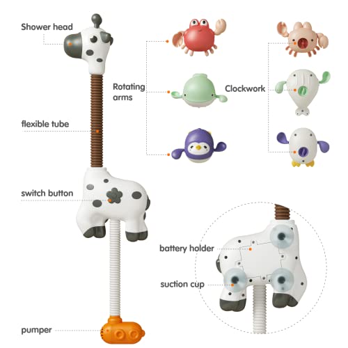 TUMAMA Baby Bath Toy Giraffe Shower Head and 3 Water Swim Toys, Bathtub Water Pump Bathing time Essentials for Toddlers Infants Kids