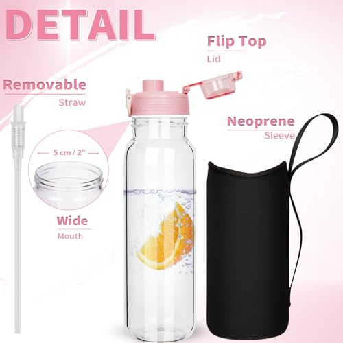 DEARRAY 600ml Glass Kids Water Bottle with Straw & Neoprene Sleeve 0.6l BPA free School Glass Drinking Bottle Leakproof