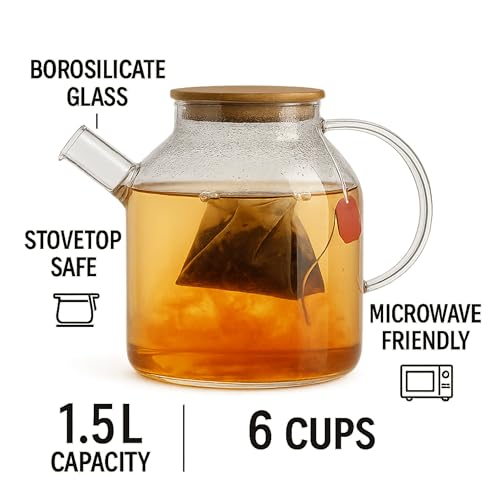 Power King Large 1.5 Liters Transparent Glass Teapot Stovetop & Microwave Safe Kettles for Brewing Hot or Cold Tea