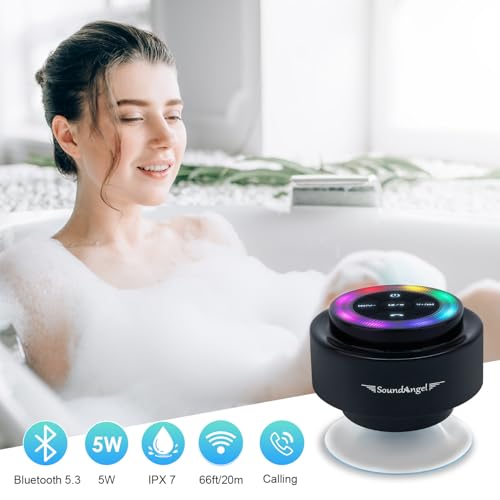 XLEADER Shower Speaker, Certified IPX7 Waterproof Bluetooth Wireless Speaker with Lights, Suction Cup and Mic for Bathroom, Crystal Sound&Bass, 12H Playtime, Ideal Electronic Gift