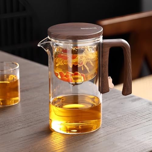 Beauenty Heat Resistant Glass Teapot,One Click Filter Separation Teapot,With Wood Grain Handle,Bulk Tea Brewer,Magnetic Adsorption Cover,Magic Glass Teapot With Detachable Filter(720ml/24oz)
