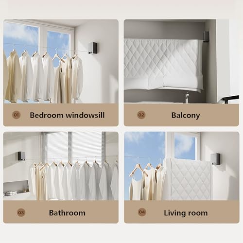 4.2m Retractable Clothesline, Indoor/Outdoor No Drill Stainless Steel Rope Hook, Heavy-Duty Wall-Mounted Washing Line Hanger for Drying (White)