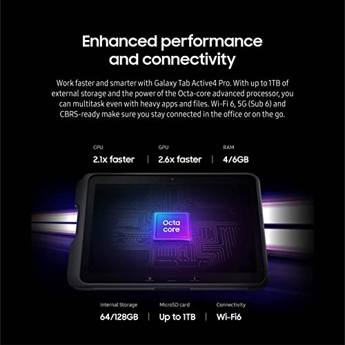 SAMSUNG Galaxy TabActive4 Pro 10.1â 64GB Wi-Fi Android Work Tablet, 4GB RAM, Rugged Design, Sensitive Touchscreen, Long-Battery Life-for Workers, SM-T630NZKAN20, Black
