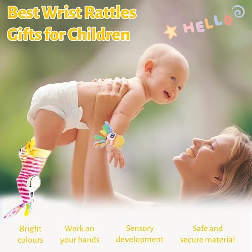 YLMKDE Wrist Rattles and Socks Set - Soft Sensory Toys for Babies, Cartoon Animal Early Development Toy - Shower Gift for Newborn Infant Boy Girl 0 to 3 Years Old