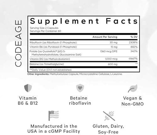 Codeage Methyl-Elite Methylation Supplements - 5 MTHF, Methylcobalamin 1000mcg Methylated Vitamin B12, Riboflavin, Betaine, Vitamins B6, Methylfolate, Methylation Cycle MTHFR - 2 Months - 120 Capsules
