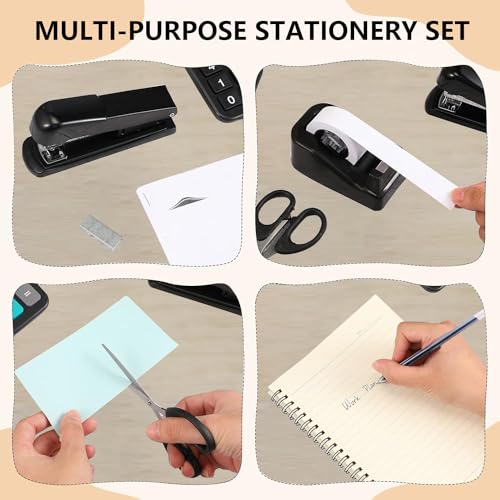Angju Office Supplies,7 Set Desk Accessory Kit Include Stapler Tape Dispenser Pen Binder Clips Paper Clips Scissor and Calculator for Students and Office Clerks