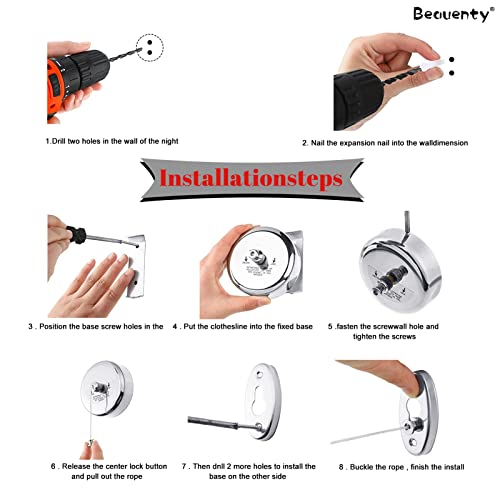 Beauenty Retractable Clothesline 304 Stainless Steel, Wall Mounted Clothes Dryer, Round and No Punching, Polished Chrome Finish, Heavy Duty Adjustable Nylon Rope (2.8M)