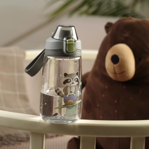 Water Bottle 500mL for Kids by Fissman, BFA Free | Non-Toxic | Leak-Proof | Pop-Up Spout Cover | Flip Top Lid | Raccoon Printed, Black.
