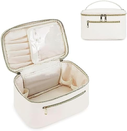PawPawU Makeup Bag, Travel Cosmetic and Toiletry Organizer, Vegan Leather Waterproof Beauty Washbag with Handle to Keep Your Make up, Brushes, Skincare Products Organized (Beige)
