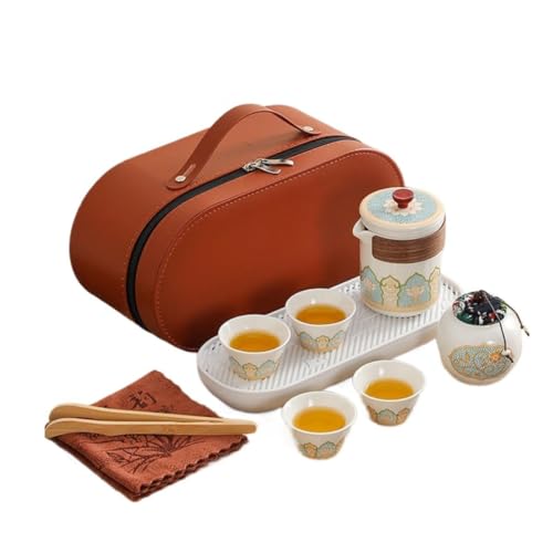 Chinese/Japanese Porcelain Tea Set, Black Kungfu Teapot Set with 1 Teapot, 4 Tea Cups, 1 Tea Tray,1 Tea Caddy, Suitable for Picnic and tTravel, for Adults, Tea Lover/Women/Men/Office/Home (White)
