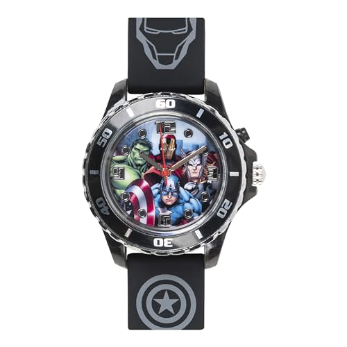 Marvel Avengers Adventure Analog Quartz Kids' Watch with Flashing LED Lights - Superhero Icons Band, Japanese Movement, Black